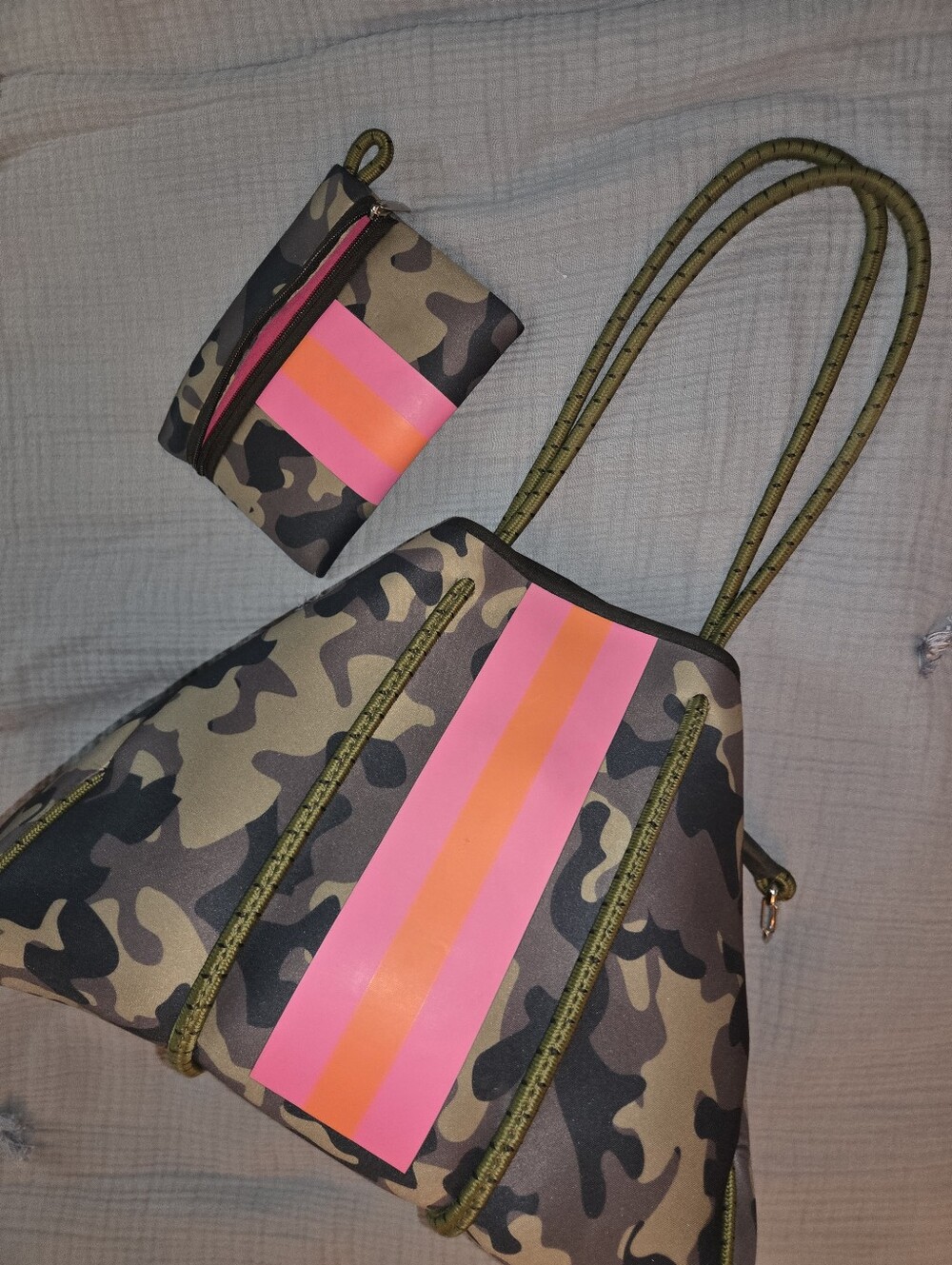 Neoprene Tote Camo Pink Stripe Bag & Clutch